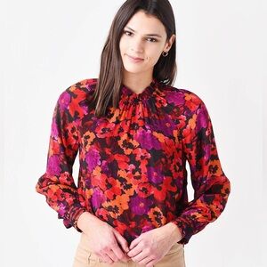 SAYLOR BECK ABSTRACT RED ORANGE PURPLE FLORAL RUFFLE MOCK NECK BLOUSE SIZE XS
